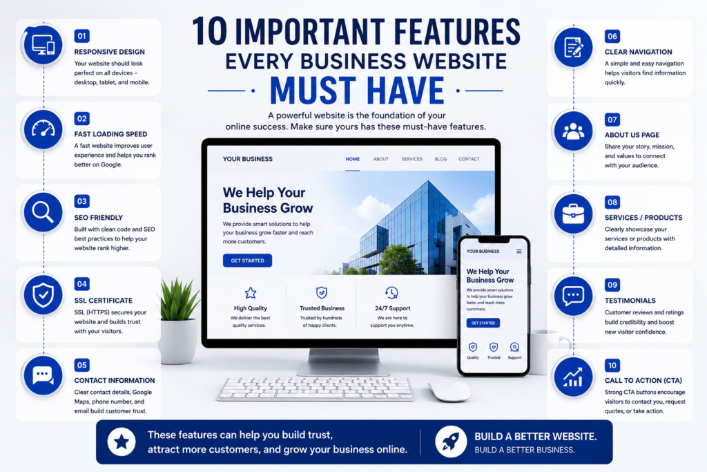 Infographic showing the 10 important features every business website must have, including responsive design, fast loading speed, SEO optimization, SSL security, contact information, clear navigation, about us page, services, testimonials, and call-to-action buttons.