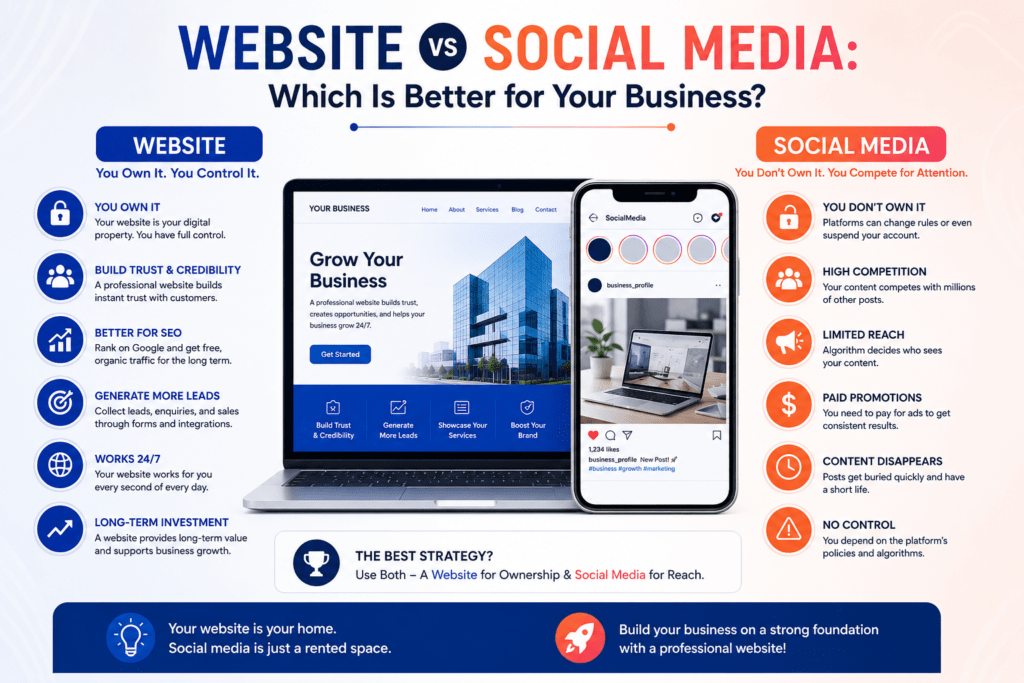 Website vs Social Media comparison infographic showing the advantages of a business website over social media, including SEO, lead generation, ownership, credibility, and long-term business growth.