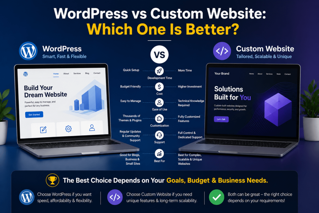Comparison infographic of WordPress vs custom website highlighting differences in cost, development time, customization, scalability, SEO, maintenance, and business suitability.