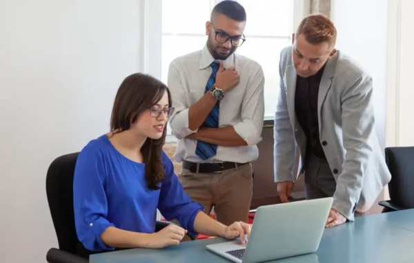 Professional web development team collaborating in a modern office to design and develop responsive websites and digital solutions for businesses.