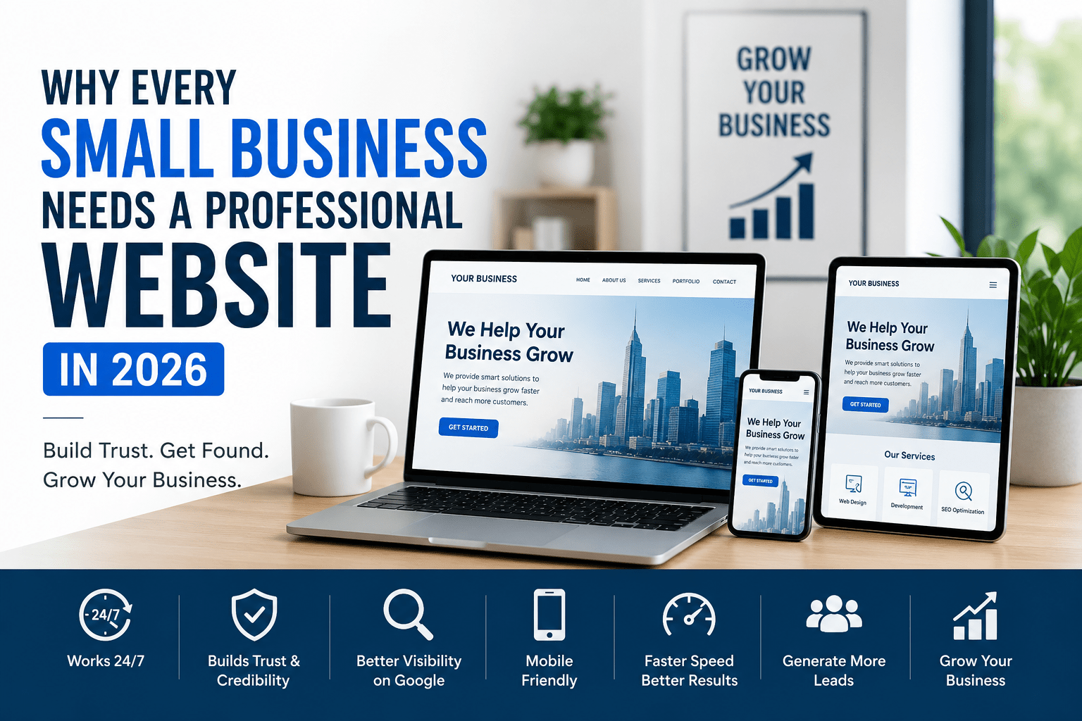 Professional business website displayed on desktop, tablet, and mobile devices, highlighting why every small business needs a responsive, SEO-friendly website for online growth in 2026.